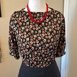 Floral Ditsy Blouse Black Red Tan Elbow sleeves Size M